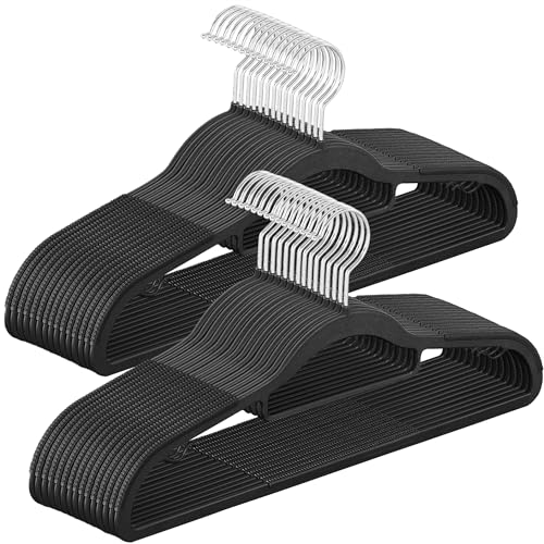 SONGMICS Pack of 30 Coat Hangers, Space-Saving Plastic Clothes Hangers, Non-Slip, 0.2 Inches Slim, 16.5 Inches Wide, 360° Swivel Silver Hook, Black U