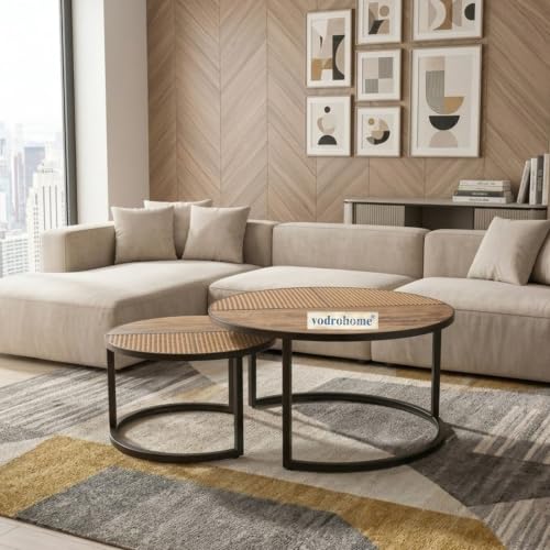 Image of Cane Nesting Coffee Table - Rattan Round Centre Table with Storage - Set of 2 Mango Wood Center Table C#048