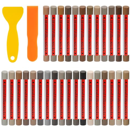 XLWJBES 30+2p Wood Filler Sticks - 30 Colors Wood Markers Furniture Repair Wax Crayons with 2 Scrapers, Furniture Touch Up Markers Kit for Repairing Cabinets, Floors &Furniture, Gray Series