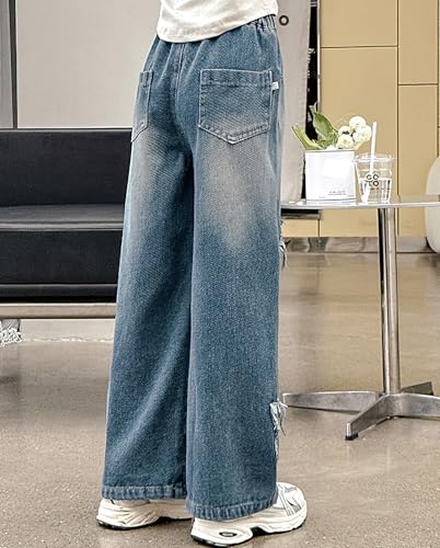 Viatabuna Girls Wide Leg Star Jeans Elastic Waist Pull On Jeans Baggy Denim Pants Youth Kids Clothes 5-14 Years2