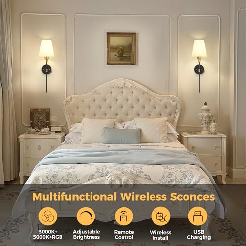 Image of DORESshop Battery Operated Wall Sconce Set of 2, 7 Color Wireless Wall Light Easy to Install, Sconce Wall Decor Set of 2 for Bedroom, Living Room, Fabric Linen Shade, Gold and Black, 24.6in