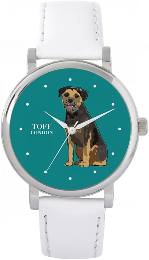 Montre Border Terrier Toff London – Cadran Chien Mignon – 38 Mm – Cuir Blanc – Quartz – Étanche 3ATM