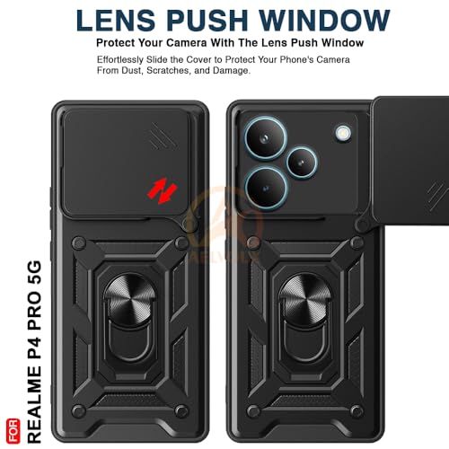 Image of Armor Bumper Back Cover Case for Realme P4 5G Pro Rotating Camera Cover, Ring Holder & Kickstand | Heavy Duty & 360 Degree Protection Realme P4 5G Pro Back Cover (Black)