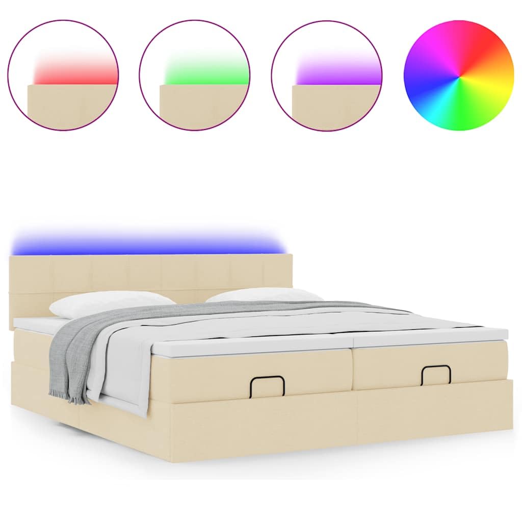 Otoman Storage Bed with Mattresses & LED Lights, Cream Fabric Upholstered Platform Bed Frame Bed, 200 x 200 cm King Size with Headboard, Port USB, Pocket Spring Mattress do sypialni