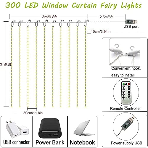 Image of K D Enterprises Window Curtain String Light 300 LED 8 Lighting Modes Fairy Lights Remote Control USB Powered Waterproof Lights for Diwali (Yellow)