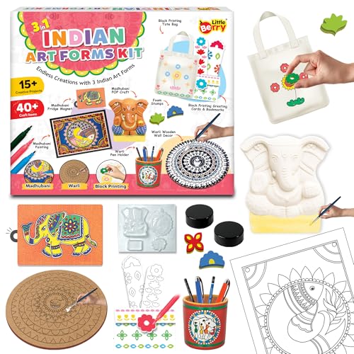 Image of Little Berry Indian Art Forms Kits - 3 in 1 Indian Art Forms Kit | Learn Warli & Block Printing | DIY Art & Craft Kits with Drawing Kit & Colour Set for Kids 6-12 | Educational Gift for Girls & Boys