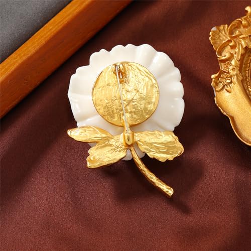 Image of White Rose Flower Brooch Pin for Women Girls Fashion Gold Leaf Resin Blossom Floral Brooches Lapel Corsage Pins Dainty Dress Accessories Wedding Holiday Anniversary Jewelry Gift