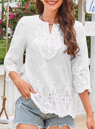Womens Tops 3/4 Length Sleeve Eyelet Blouse Peasant Flowy Boho Top Hollow Out Embroidered Notch V Neck Shirts2