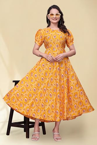 Image of Women's A-Line Crepe Maxi Dress | Stylish Fit and Flare Dress with Round Neck Short Puff Sleeves for Casual Wear