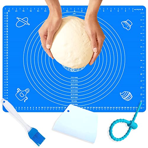 Antihaftbeschichtete und rutschfeste Silikon-Backmatte, 50 x 40 cm, Fondantmatte, Teigrollmatte, Backpinsel, Teigschaber, Schneider und wiederverwendbare Wickelkrawatte (blau)