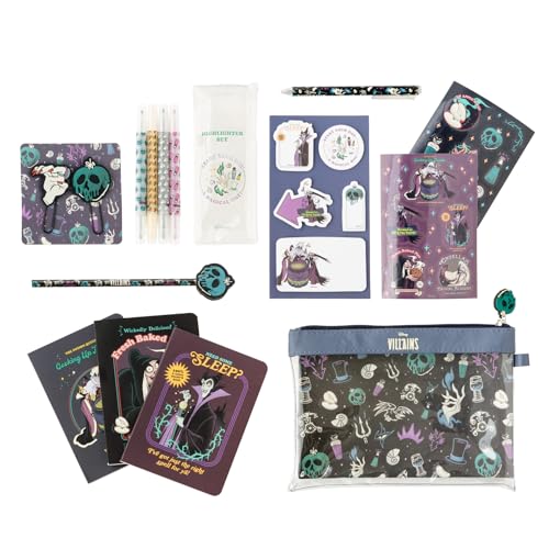 Set de Papeleria Disney Villanos : Estuche con Material Escolar - Kit papeleria niños para Vuelta al Cole │Incluye: Lápiz, Boli con goma, Pegatinas, 3 libretas, Clips, Subrayadores y Notas adhesivas