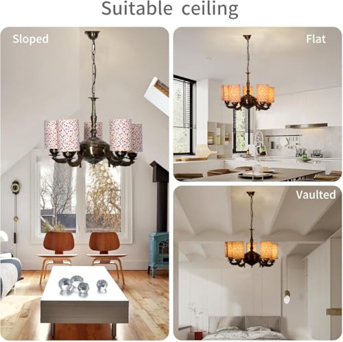 Image of Devansh 05-Light Round Printed Multicolor Cotton Shade Chandelier - Antique Golden Finish | Adjustable Cord | Warm Glow Lamp - Ceiling Light for Living Room, Dining Area, BedroomDecor - D18