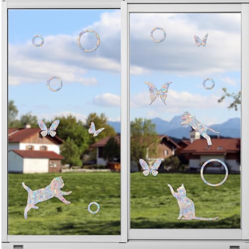 Image of Cat-Butterfly-Ring Prism Window Collision Clings for Bird Strikes, 40Pieces | Static Glass Reminder Sticker Decals, Window Anti-Collision, Rainbow Maker, Save Birds from Hitting Windows, Non Adhesive