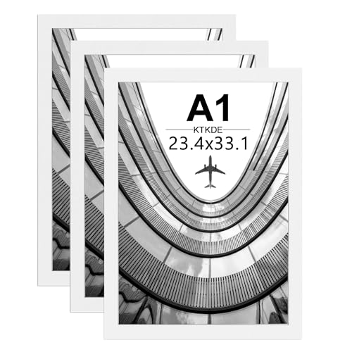 Image of KTKDE A1 Picture Frame Poster Frame23.4 x 33.1 in Set of 3, White Wooden Poster Frame-Horizontal or Vertical Wall Hanging for Home, Exhibition, Caffe for best gifts