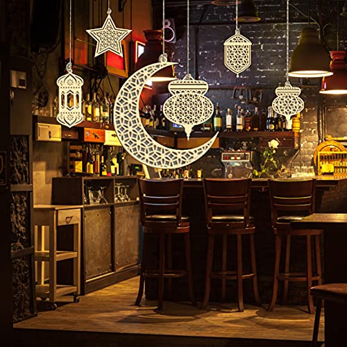 6 Pieces Wooden Pendant Ornament Hollow Moon Star Shape Ramadan Hanging Signs Wooden Ramadan Hanging Ornaments Ramadan Decorations For Home Decor #TOP6