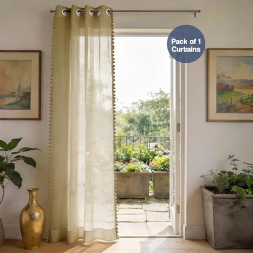 Image of Urban Space Sheer Solid Curtain for Door, 35-40% Room Darkening Curtain with Tieback and Eyelet Hanging Style, Set of 1 Decorative Curtains for Home Decor (Taupe with pom pom, 7 feet)