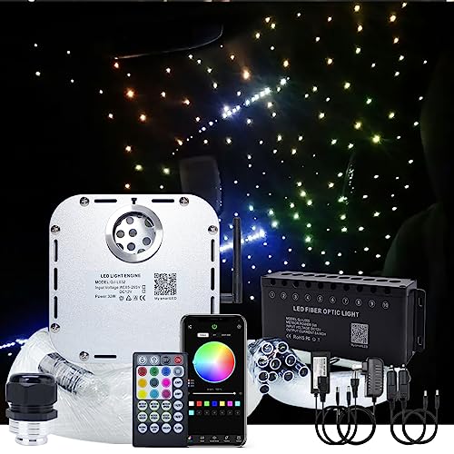 AKEPO 32W RGBW Bluetooth App Control+Twinkle+Music Mode+Shooting Star Effect Fiber Optic Lights Kit, Star Ceiling Sky Light 800pcs of (0.75+1+1.5mm) 16.4ft/5m Fiber Strands for Car Home Movie Theater