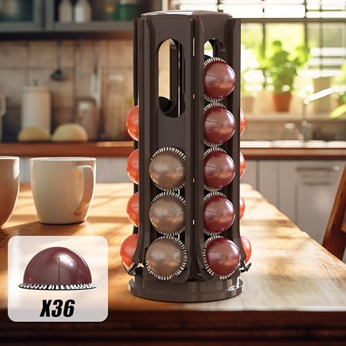 Image of Deco Brothers VertuoLine Pod Holder, 360 Turntable Rotating Pod Carousel | Holds up to 36 Nespresso Vertuo Capsules, Easy Access Design, Brown
