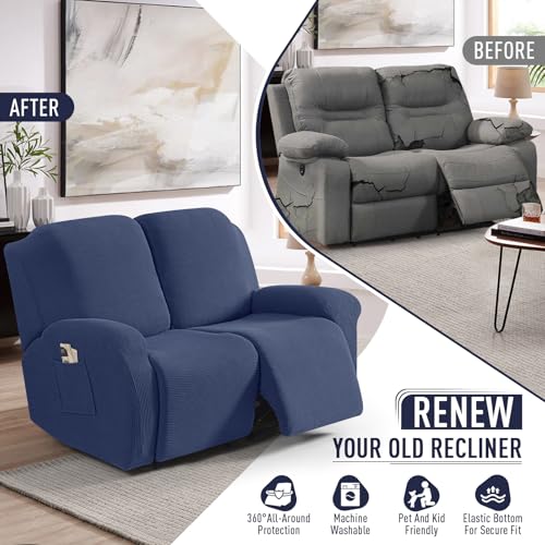 Image of TAOCOCO Recliner Loveseat Slipcover, 6 Pieces Dual Recliner Sofa Covers for 2 Seat Dual Reclining Loveseat Couch, Stretch Soft Jacquard Pattern Furniture Protector with Elasticity Navy Blue