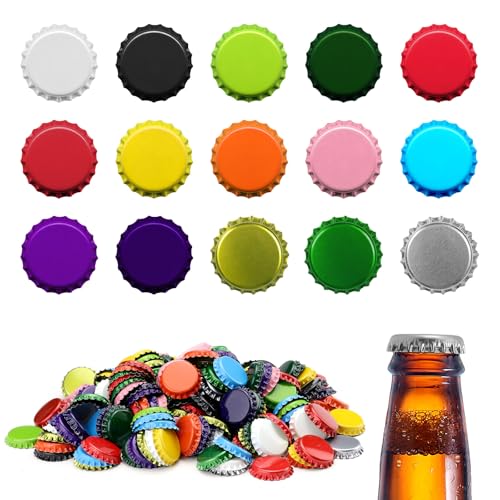 Modixun 240 tapas de botella de 15 colores, tapas de metal de 26 mm para botellas de cerveza, tapas de corona con junta tórica de sello de goma para botellas de vidrio caseras y manualidades (15