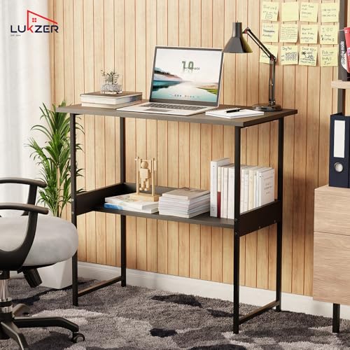 Image of Lukzer Study Desk with Open Storage Shelf | MST-004S /Black & Black | Durable Metal & Wooden Study Table for Home & Office | Space-Saving Laptop /Computer Workstation for Students & WFH (75x40x75 cm)
