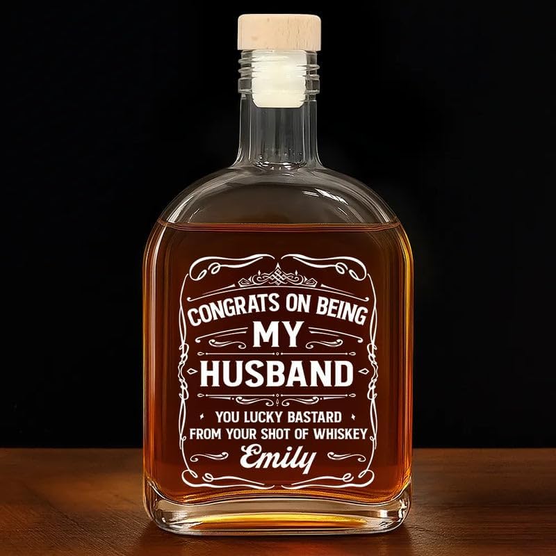 Personalized Whiskey Bottle - Valentine’s Day Gift for Husband, Romantic Drinkware, Funny Couple Keepsake - Couple Congrats On Being My Husband You Lucky Man