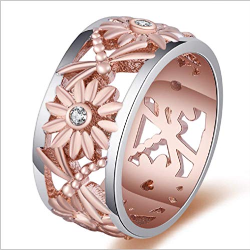 Elegant Rose Gold Plated S925 Silver Sunflower Chrysanthemum Dragonfly Daisy Hollow Two-tone Women's Ring Bridal Wedding Gift Anniversary for Women's Band Jewelry3