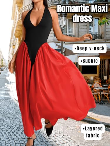 Image of ChiaoLezhee Deep V Neck Dress, Halter Maxi Dresses, Vacation Date Night, Sexy for Women Corset Flowy Wedding Guest Drop Waist