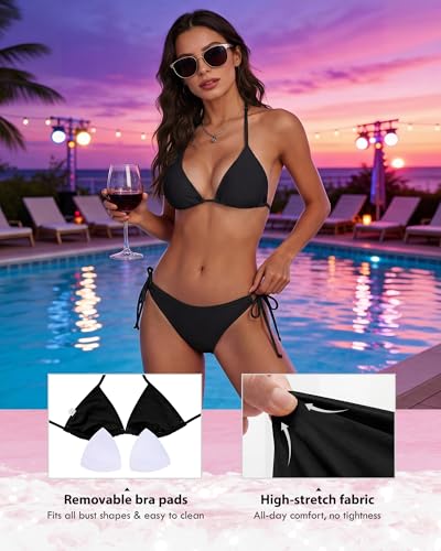 Image of American Trends Women's String Triangle Halter Bikini Set-2 Piece Swimsuit,Adjustable Ties,Removable Pads&Quick-Dry Fabric