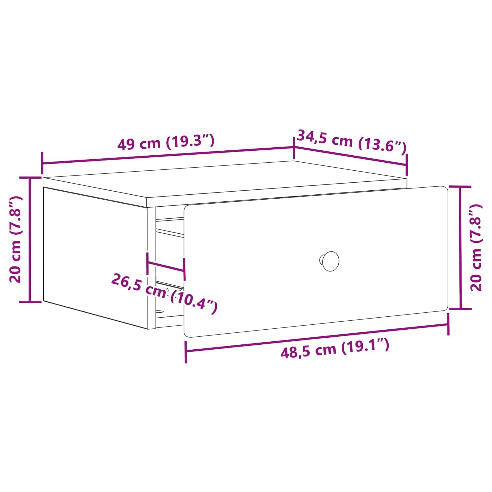 Hothingwell Ścienny stolik nocny, 2 sztuki, antyczne drewno, 49 x 34,5 x 20 cm, kompaktowy stolik nocny z szufladą i półką, minimalistyczny współczesny design do nowoczesnej sypialni