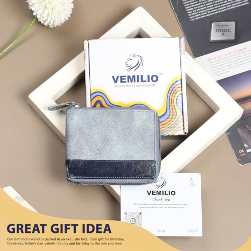 Image of VEMILIO Denim Chain Wallet for Men & Women- Rounded Design with 5 Card Slots | 2 Secret Compartments | 2 Cash Pockets | Zipper Coin Pocket (Blue)