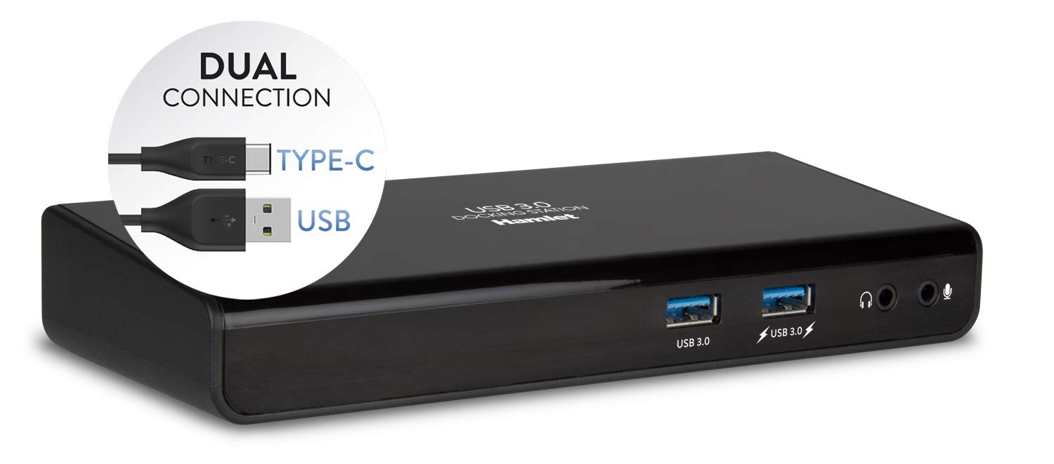 Hamlet HDOCKS300TC - Docking Station con Porte di Espansione per Notebook con Doppia Interfaccia USB 3.0 TYPE-C e Type-A, Dotato di Porte Video HDMI+DVI+ HUB 6P +LAN Gigabit + 2x Jack Audio 3.5mm
