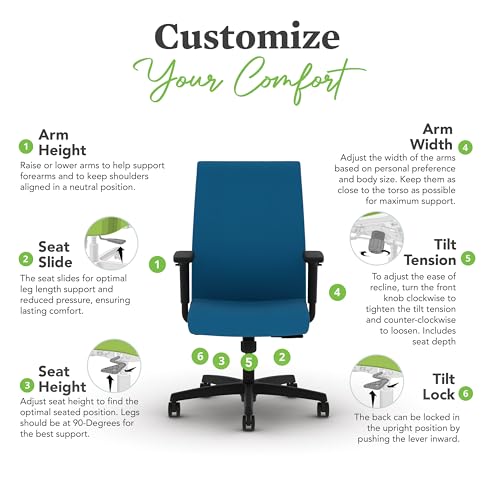 Image of HON Ignition 2.0 Ergonomic Office Chair with Adjustable Arms, Standard Synchro‑Tilt Recline, Upholstered Desk and Computer Chair for Home Office or Workstation, Black Frame, Peacock