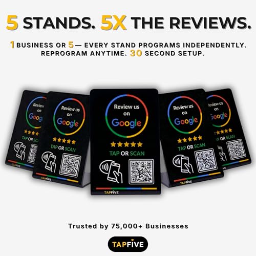 Image of Google Review Stand by TapFive - NFC Tap & QR Code Sign for Restaurants, Salons, Retail & Front Desks - QR Code Stand - Tap to Review | No Monthly Fees (Black, 5 Stands)