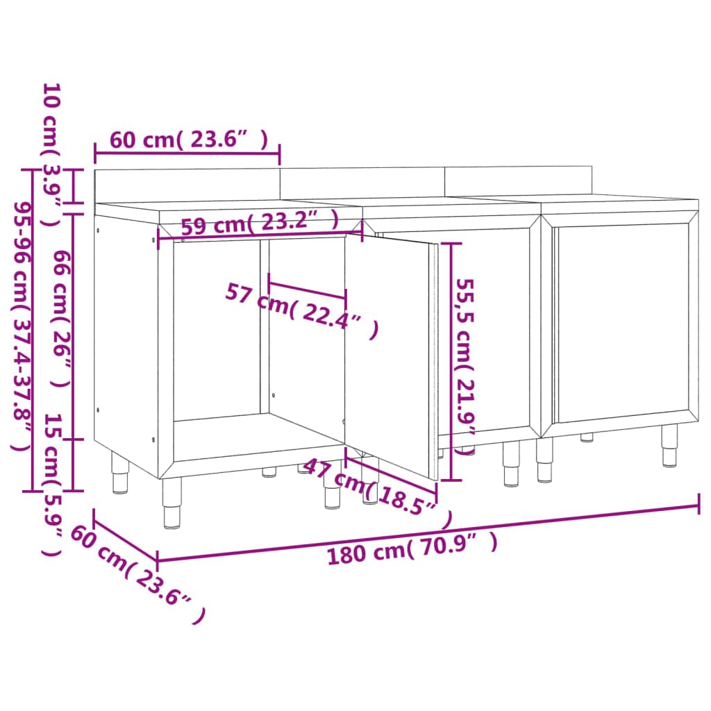 Set di 3 armadietti da lavoro in acciaio inox, 180 x 60 x 96 cm, con piedini regolabili, ribaltamento e spazio per la ristorazione, gastronomia, ristoranti, hotel, attrezzature da cucina