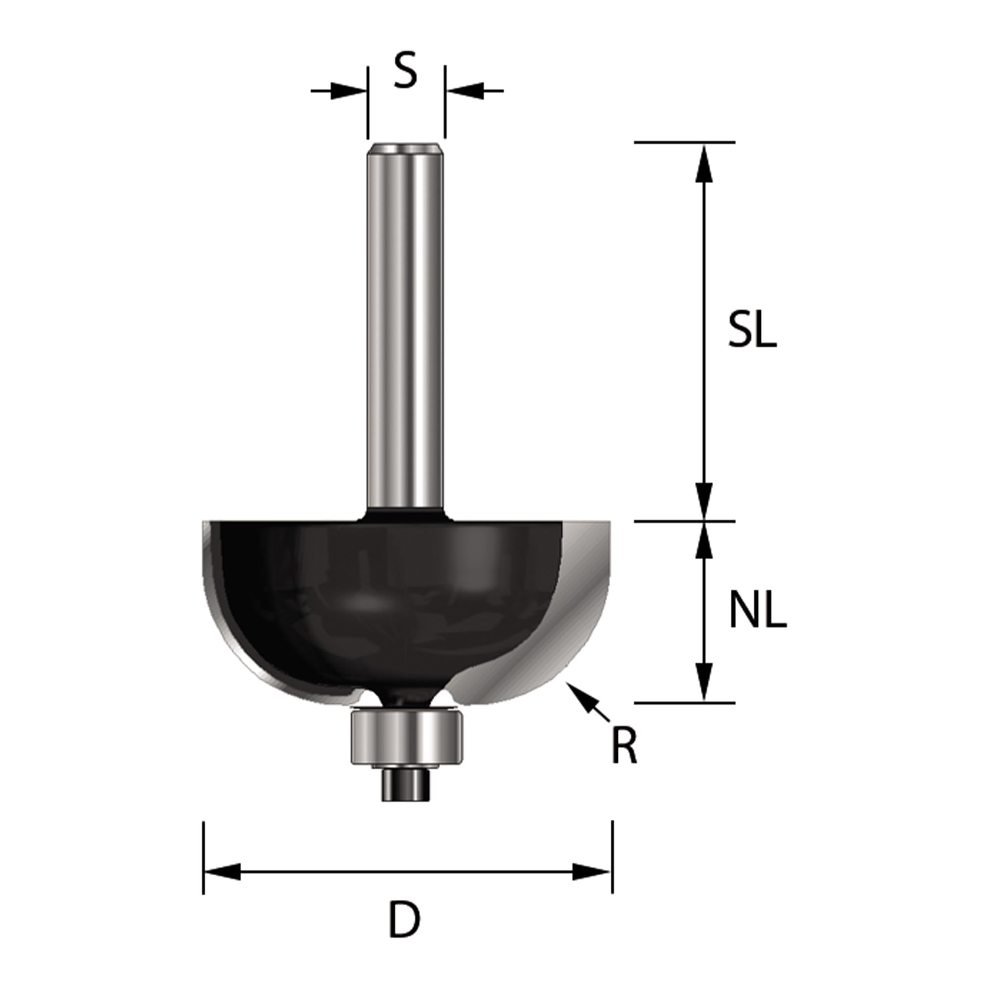 ENT 14734 Frez do filetów w wegliku, chwyt (S) 12 mm, srednica (D) 28,6 mm, NL 12,7 mm, R 9,5 mm, SL 40 mm, z lozyskiem kulkowym
