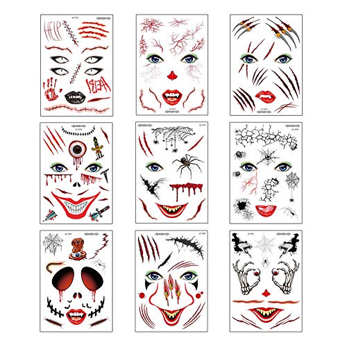 FaCraft 9 PCS Halloween Temporary Face Tattoo Spider Face Tattoo Kit,Day Of the Dead Wound Tattoo Stickers for Kids,Woman