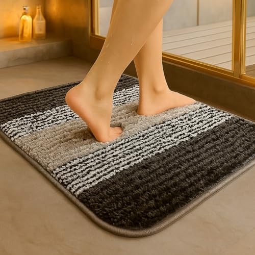Image of VAS COLLECTIONS Microfiber Solid & Striped Anti-Skid Bath Mats - Pack of 2 (Grey & Black, 35x50 cm)