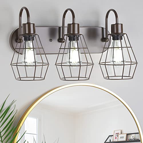 Mlambert 3-Light Industrial Bathroom Vanity Light, Vintage Metal Cage Wall Sconce, Rustic Farmhouse Wall Light Fixture, Wall Lamps for Bedroom,Living Room, Mirror Cabinet, Chocolate(Bulb Not Included) Mlambert 3-Light Industrial Bathroom Vanity Light, Vintage Metal Cage Wall Sconce, Rustic Farmhouse Wall Light Fixture, Wall Lamps for Bedroom,Living Room, Mirror Cabinet, Chocolate(Bulb Not Included)