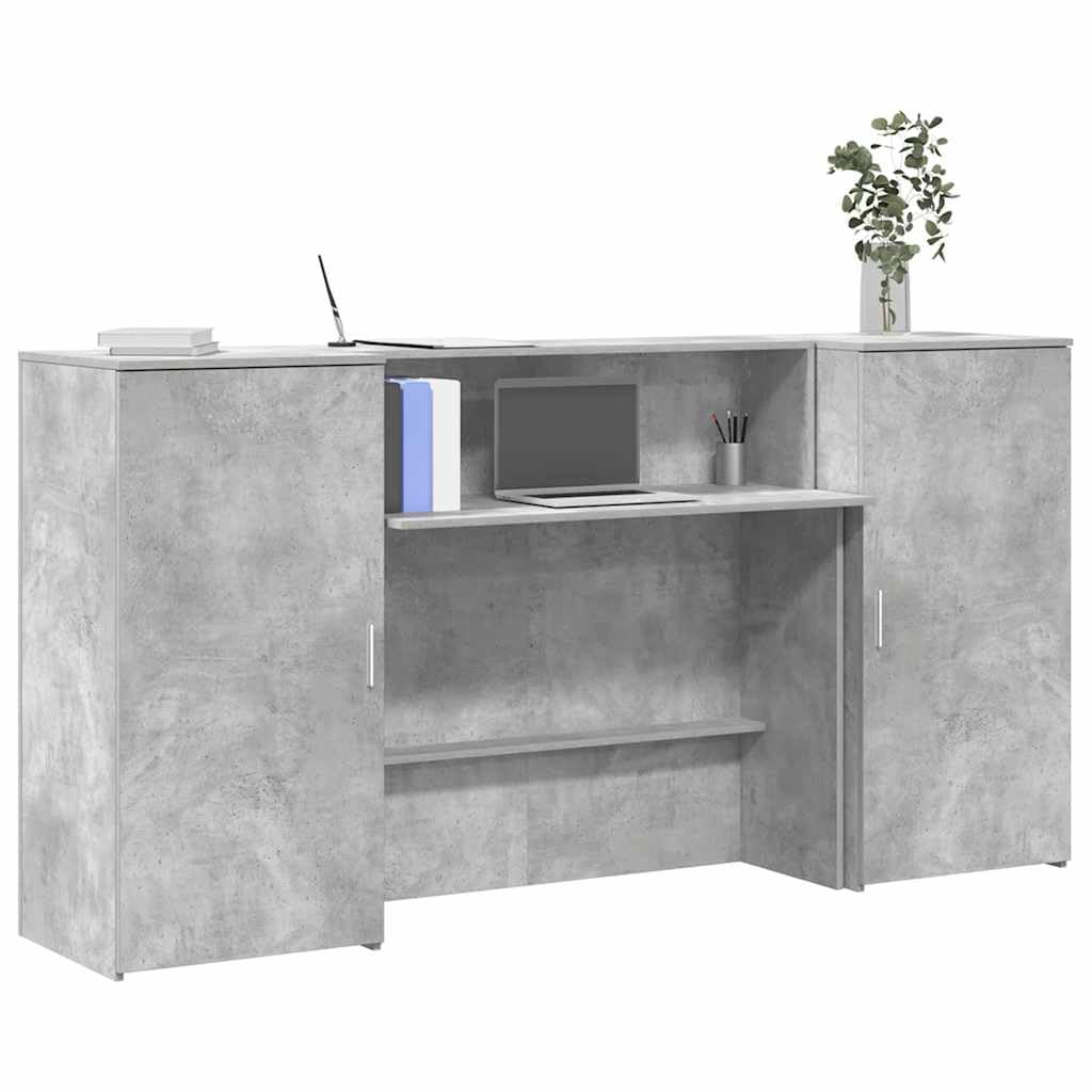Banco reception, grigio cemento, 200 cm, con bancone integrato e armadietto in legno, ricezione ufficio con spazio di archiviazione e banconi per applicazioni versatili