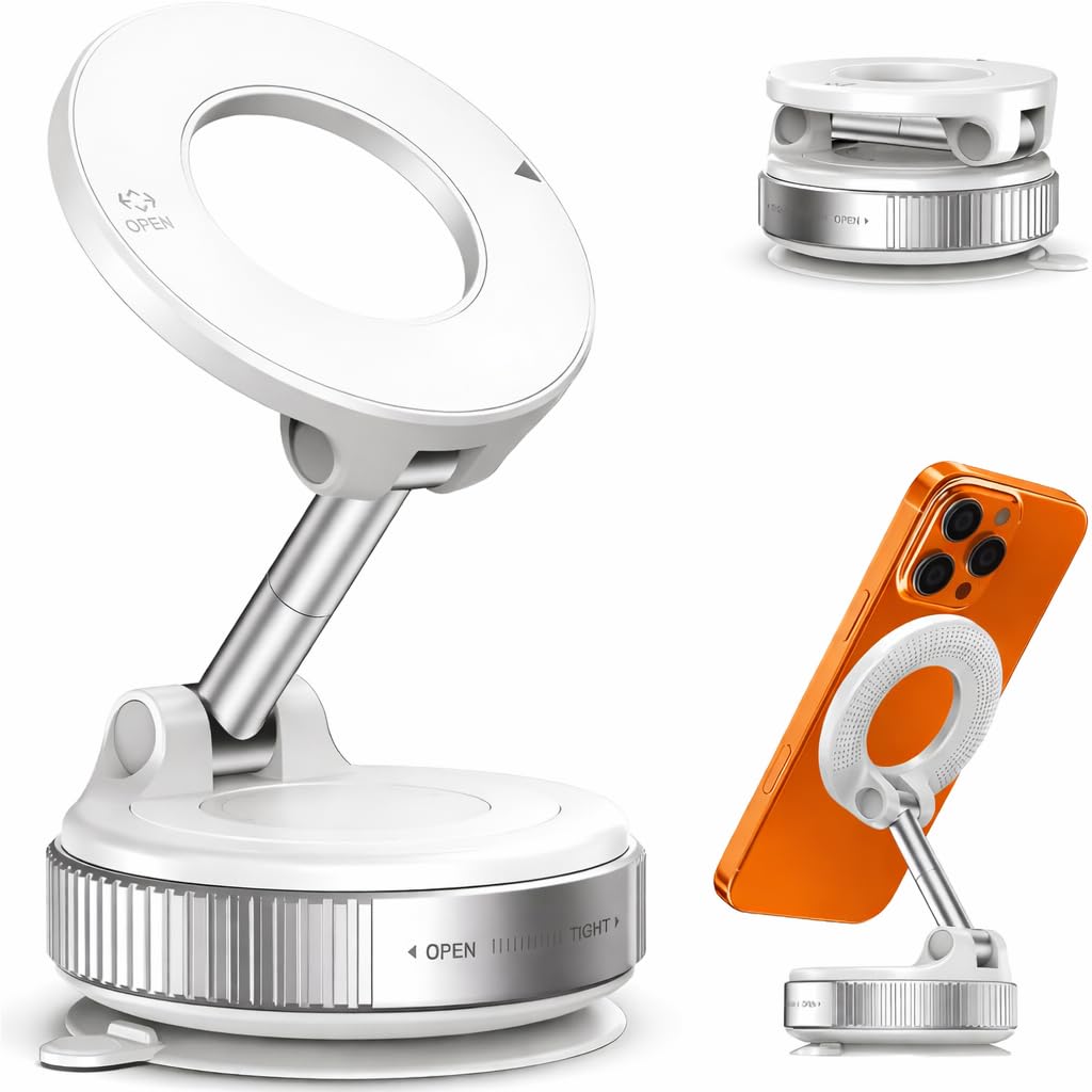 Suporte 360° Veicular Magnético Universal (Branco) para Celular, com Ventosa de Sucção,