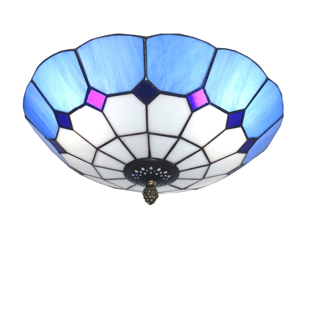 Skyweel Tiffany Style Ceiling Light Stained Glass Ceiling Light Flush Mount Chandeliers Lighting Fixture Lamps (12 Inch Blue)
