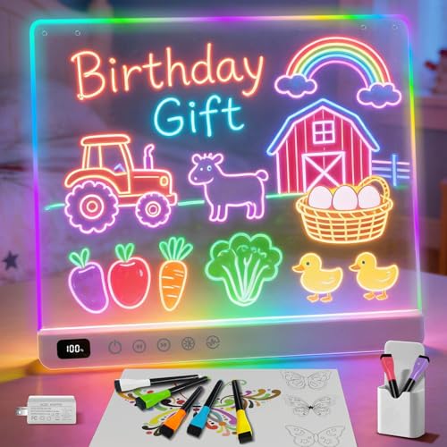Cosmody Rechargeable LED Drawing Board for Kids, Large 16' Light Up Drawing Pad with 8 RGB Colors & 6 Dynamic Modes, Neon Art Dry Erase Board with...