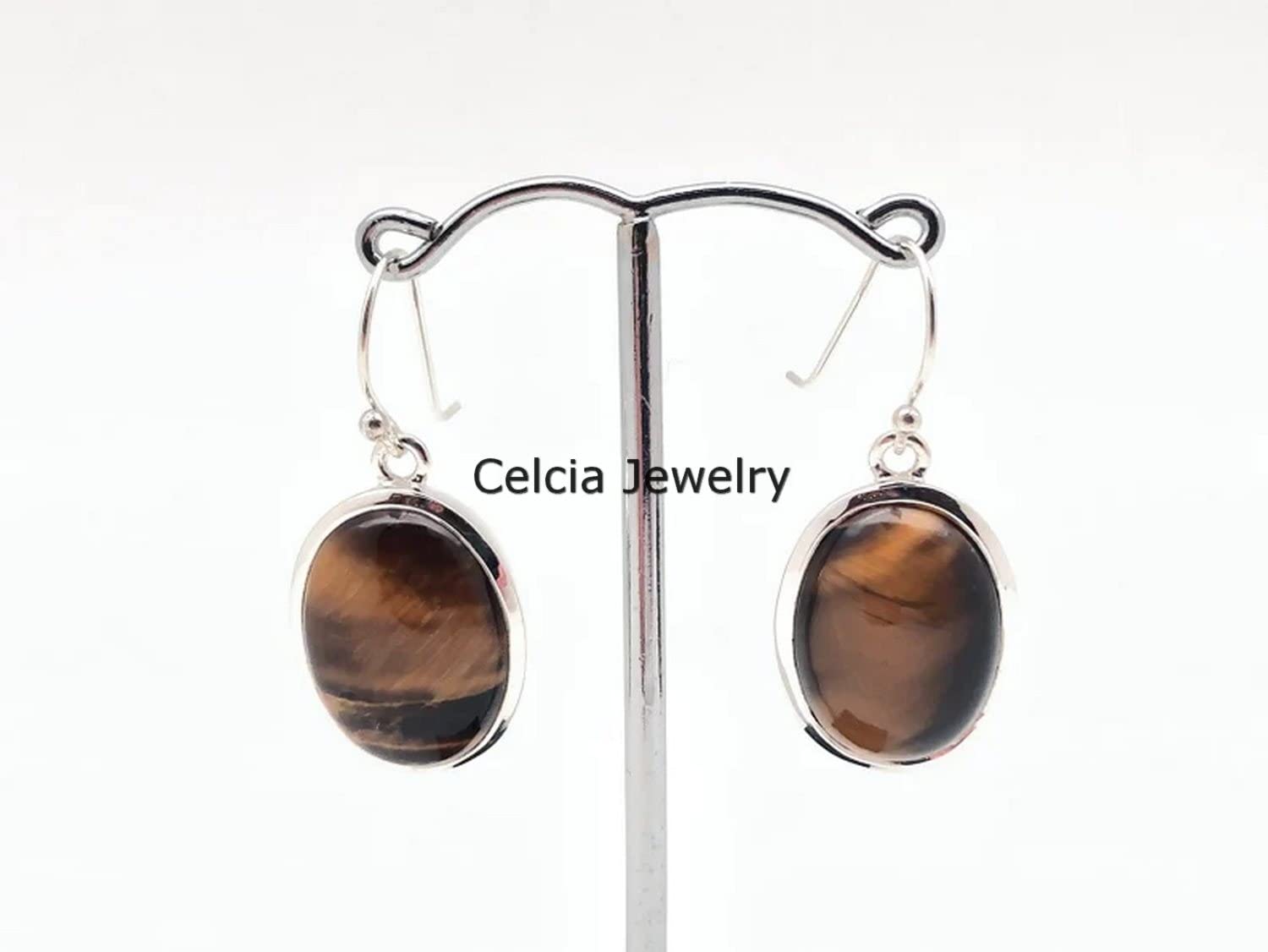 Pendientes colgantes de plata de ley 925 auténtica para mujer, cabujón de ojo de tigre Natural, piedras preciosas ovaladas, joyería hecha a mano única para ella