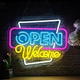 Open Welcomeネオンサイン オープンサイン 店舗看板 インテリアライト LEDネオン管 ネオン看板 USB給電 バー 喫茶店 居酒屋の装飾 雰囲気作り おしゃれ 誕生日ギフト クリスマスプレゼント 横38×縦30.5cm