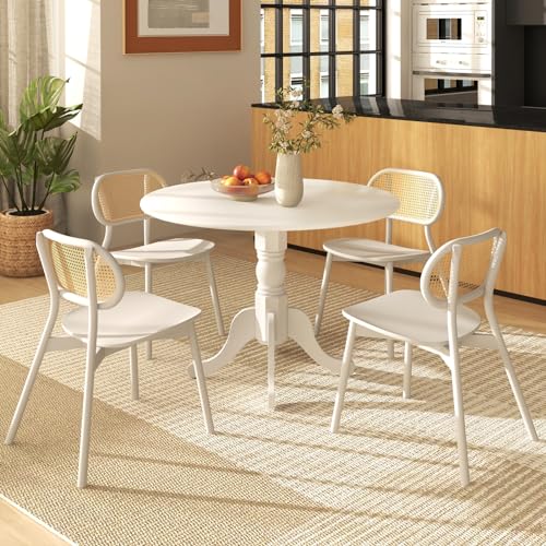 COSTWAY White Round Dining Table for 4, Wooden Kitchen Table with Solid Rubber Wood Frame, Curved Trestle Legs, Adjustab