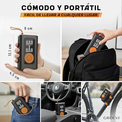 Groevi© Inflador Ruedas Coche 150 PSI – Compresor Aire Portátil Recargable con Batería 4000 mAh USB‑C, LCD Digital, LED Emergencia – Inflador eléctrico con Accesorios Coche y Moto, Viaje - imagen 4