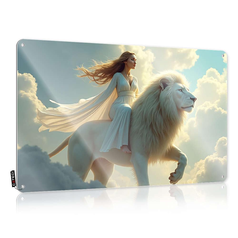 Fzfn Colour Art Funny Office Decor Ready To Hang - A Woman Rides A Majestic White Lion Through The Clouds Ideas For Shop(30X40cm)