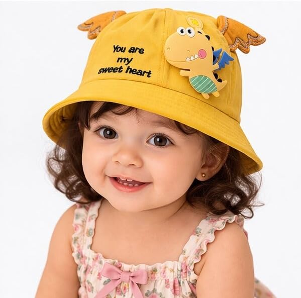 Yanwenx Kids Bucket Hat with Cartoon Patch & Wing Design – Cotton Summer Cap for Boys & Girls (2-5 Years) Breathable Sun Protection Outdoor Hat Yellow 2