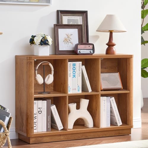 Joaxswe 6 Cube Storage Book Shelf, 40" Wide Low Horizontal Bookcase with Curved Edge, Floor Standing 2-Tier Wooden Bookshelf with Base, Modern Short Book Case for Bedroom, Study, Entryway, Brown - Image 9